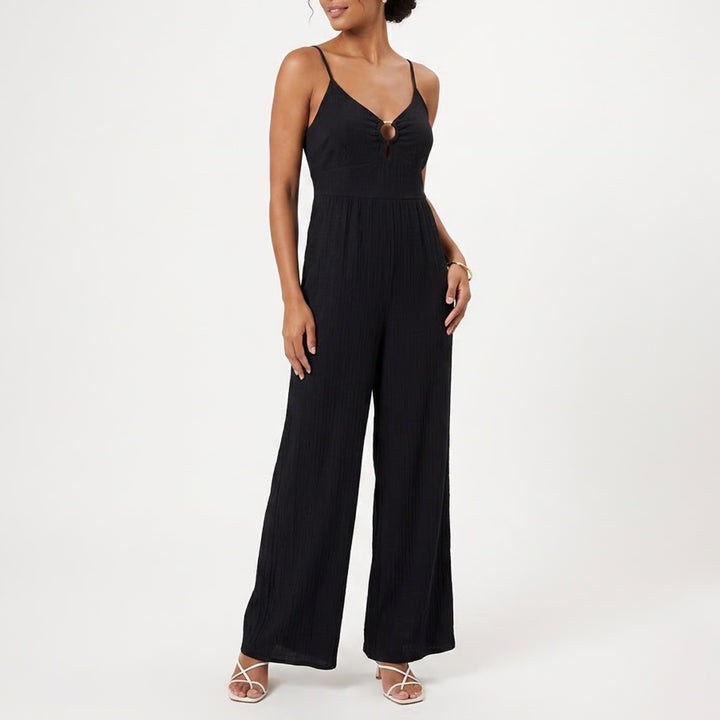 SO Goods For Life Black Ribbed O-Ring Wide Leg Jumpsuit XL NWT