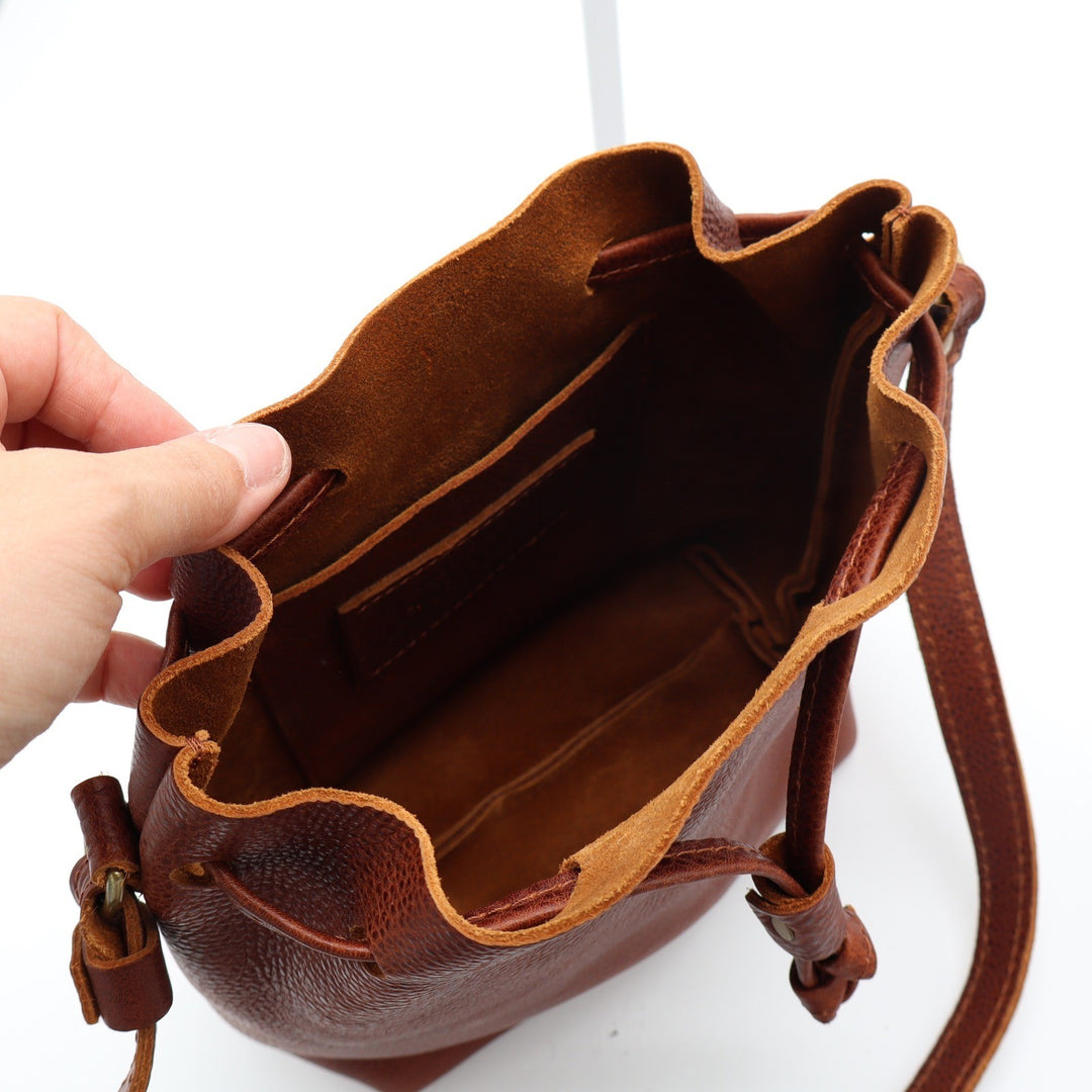 Portland Leather Goods Cognac Brown Pebbled Leather Drawstring Bucket Bag Small