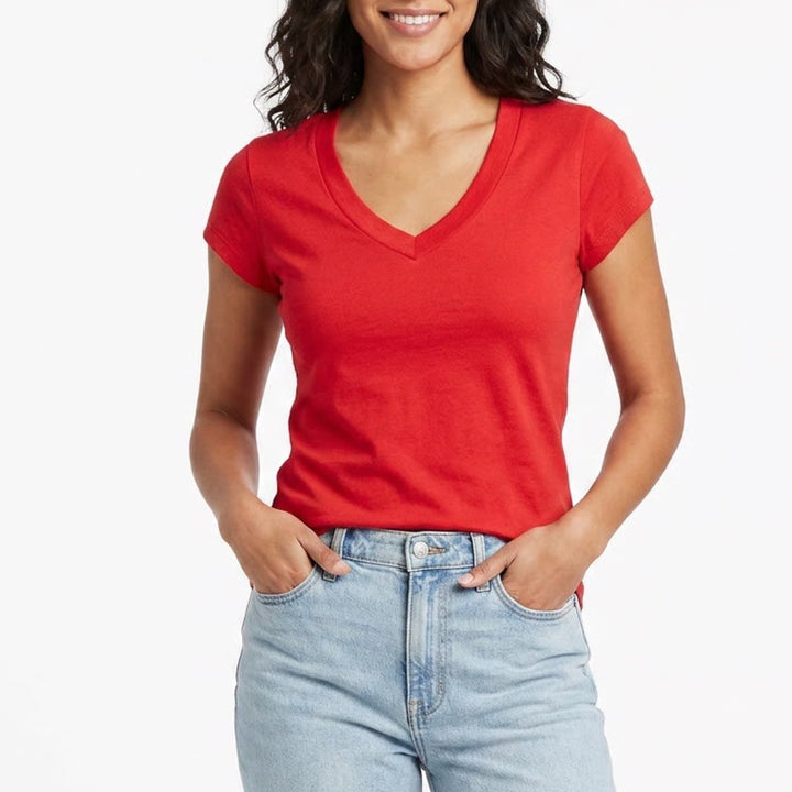 Merona Womens Red Short Sleeve V-Neck Stretch Rayon Blend T-Shirt Size M