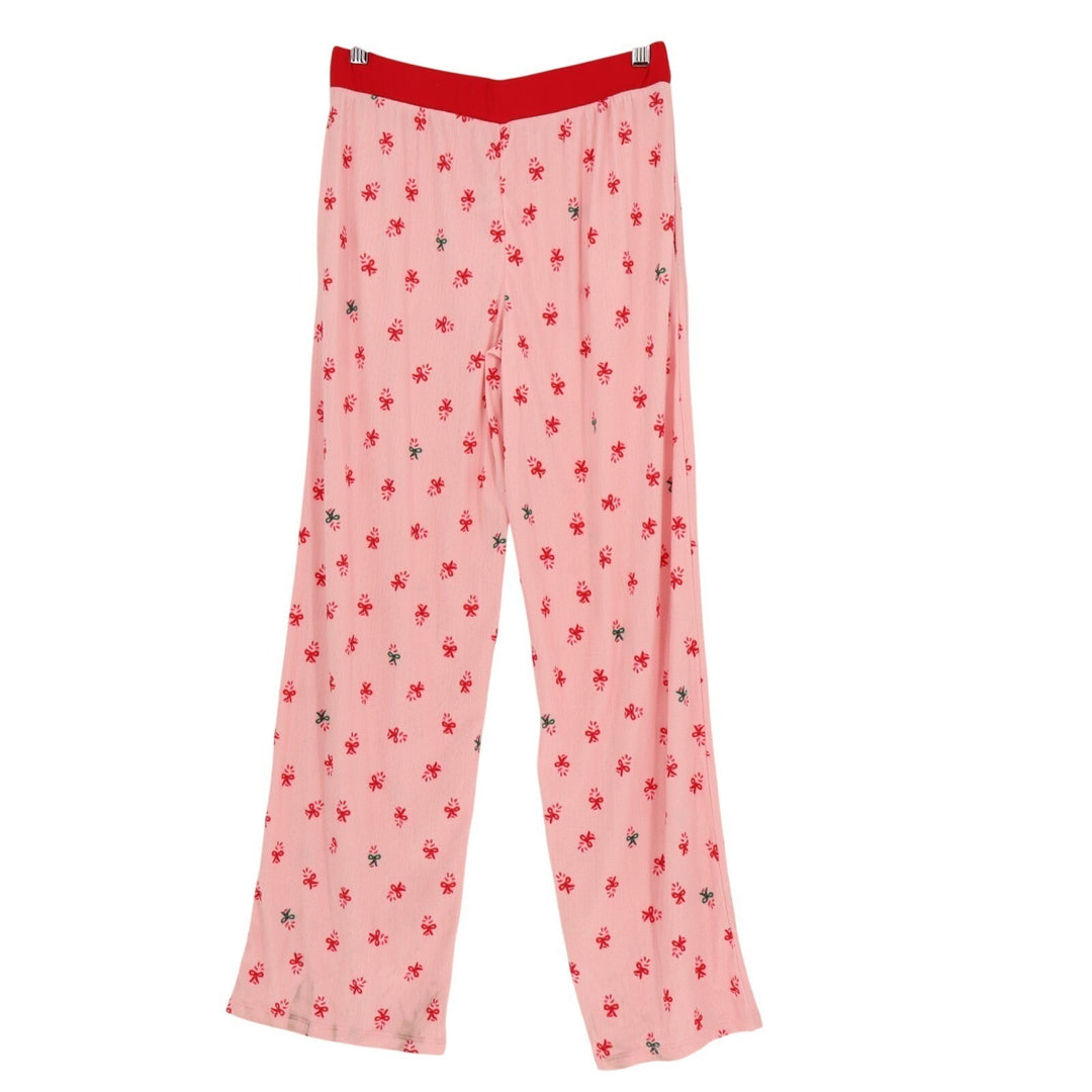 Womens Pajama Pants Small Baby Pink Red Bow Allover Print Stretch Straight Leg