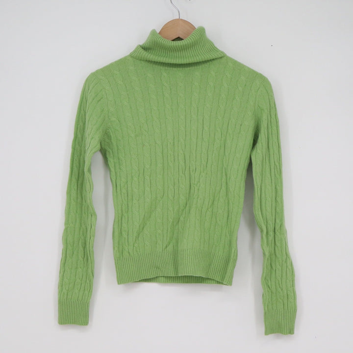 Aqua Women XS Green 100% Cashmere Cable Knit Turtleneck Sweater Long Sleeve