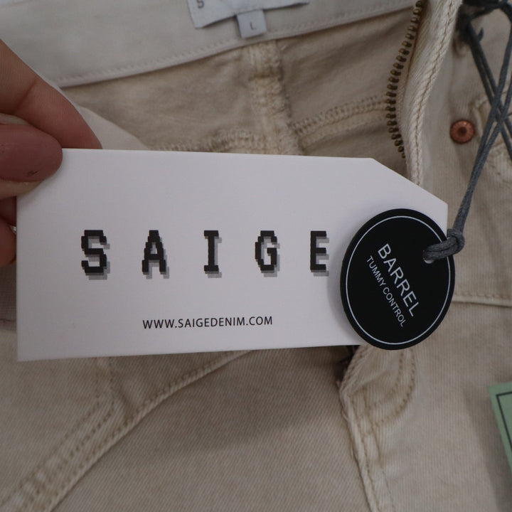Saige Barrel Leg Jeans Light Beige Tummy Control Stretch Womens Large NWT