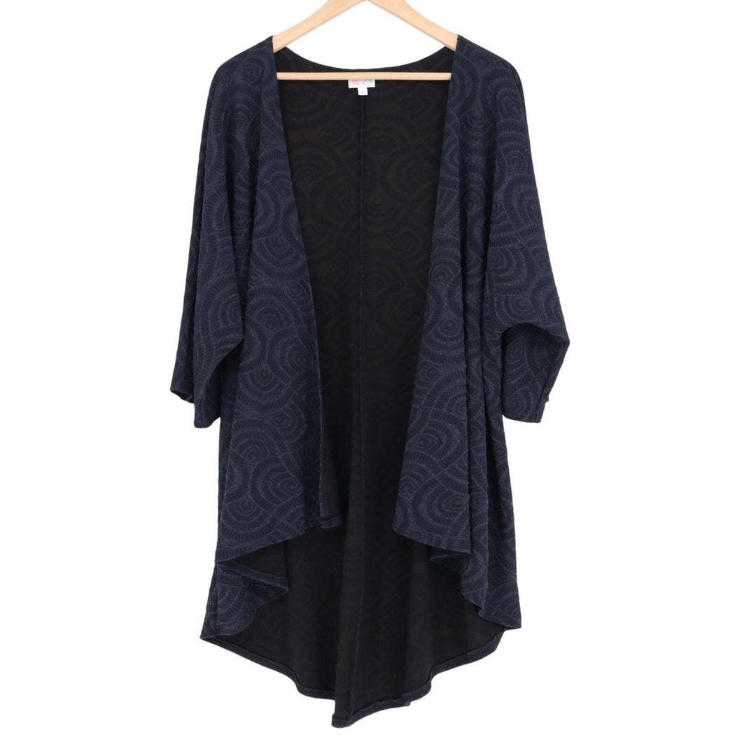Lularoe Cardigan Sweater Womens Medium Blue Patterned Stretch Kimono Sleeves