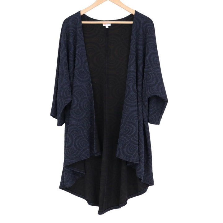 Lularoe Cardigan Sweater Womens Medium Blue Patterned Stretch Kimono Sleeves