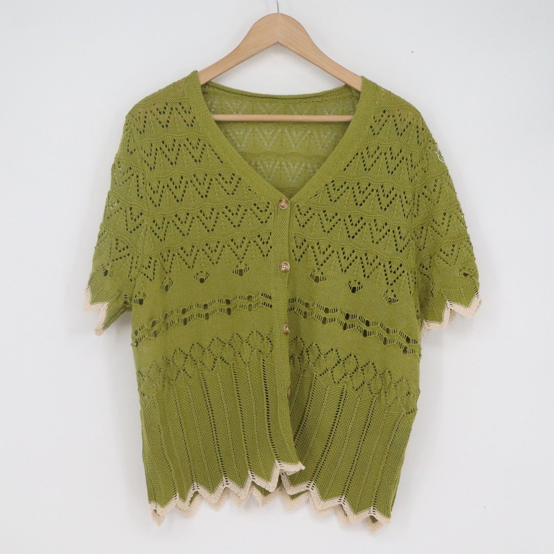 SHEIN Womens 1XL Olive Green Pointelle Knit Short Sleeve Cardigan Scallop Trim