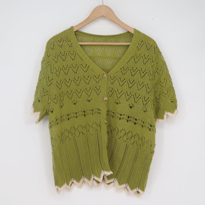 SHEIN Womens 1XL Olive Green Pointelle Knit Short Sleeve Cardigan Scallop Trim