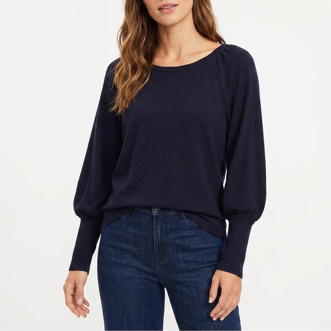 LOFT Womens XL Navy Blue Bishop Sleeve Ribbed Cuff Boat Neck Knit Blouse Top