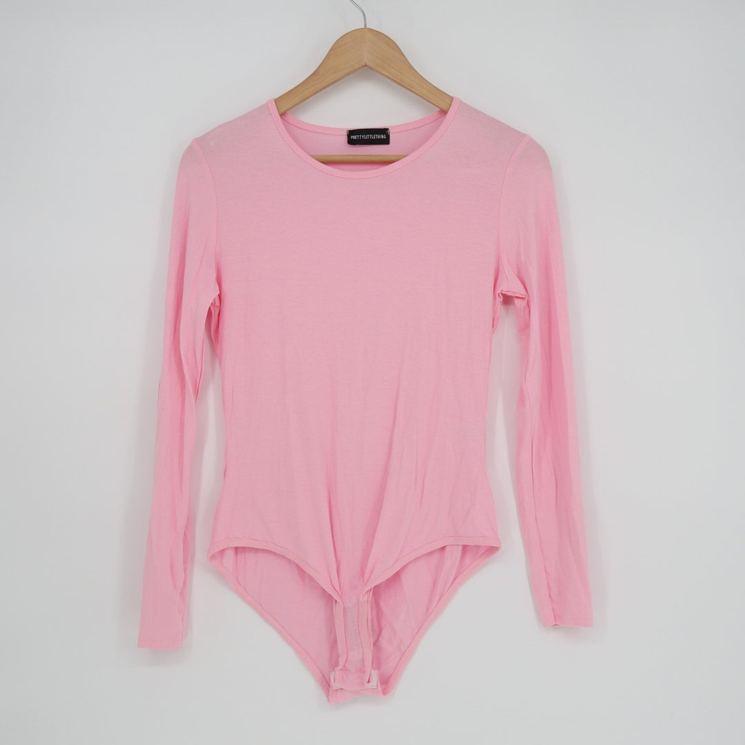 PrettyLittleThing T-Shirt Bodysuit Womens 6 Pink Stretch Long Sleeve Crew Neck
