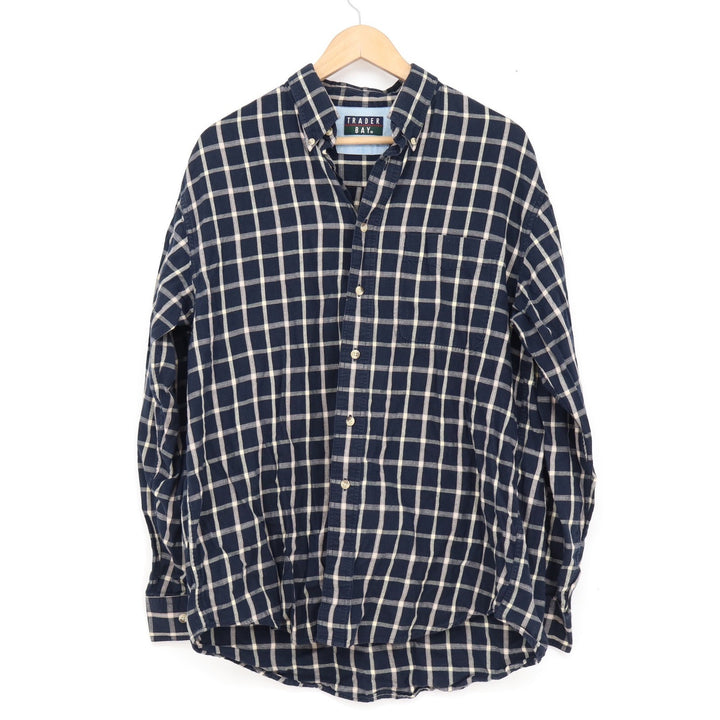 Trader Bay Mens Navy Blue White Windowpane Plaid Cotton Button Down Shirt Size M
