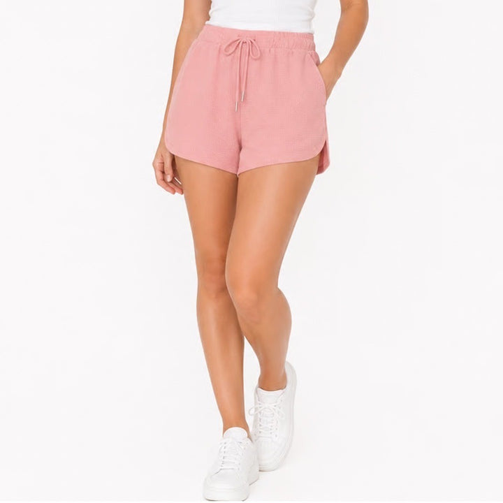 Shorts Womens Medium Rose Pink Waffle Knit Ribbed Slash Pockets Drawstring Waist