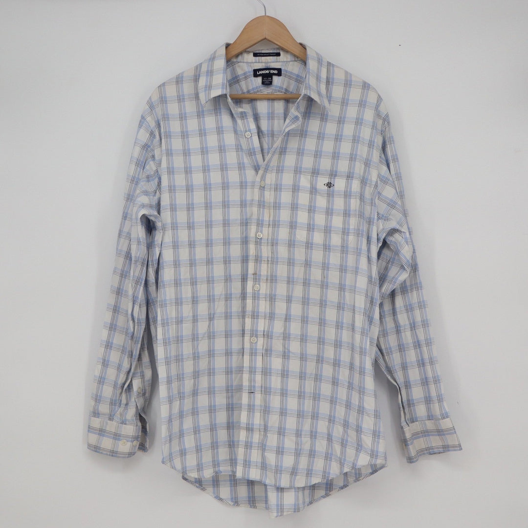 Lands End Mens Traditional Fit Supima Cotton Blue White Plaid Shirt