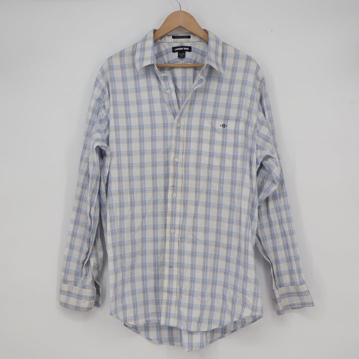 Lands End Mens Traditional Fit Supima Cotton Blue White Plaid Shirt
