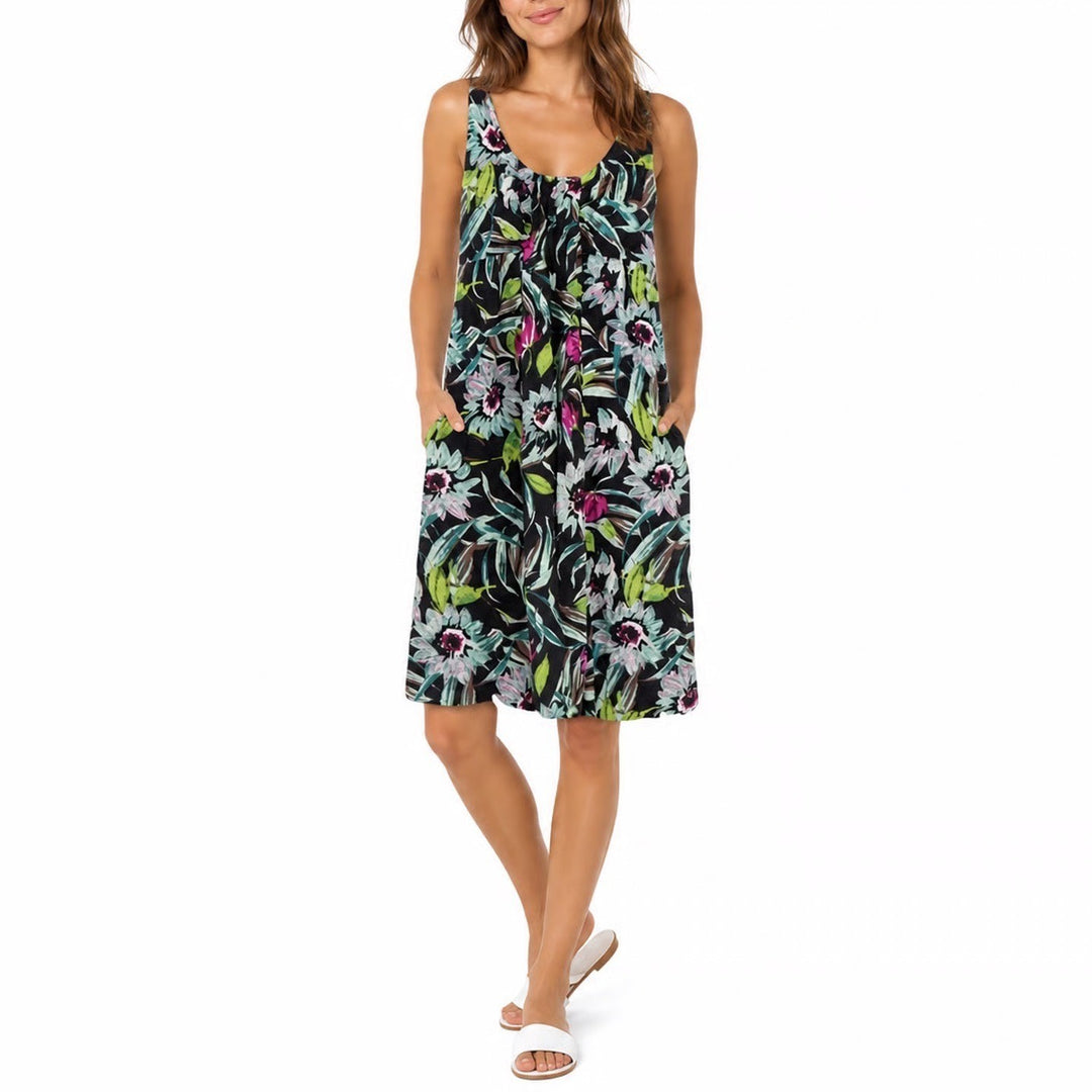 Floral V-Neck Midi Sundress Sleeveless Smocked Back Tropical Print Black Multi