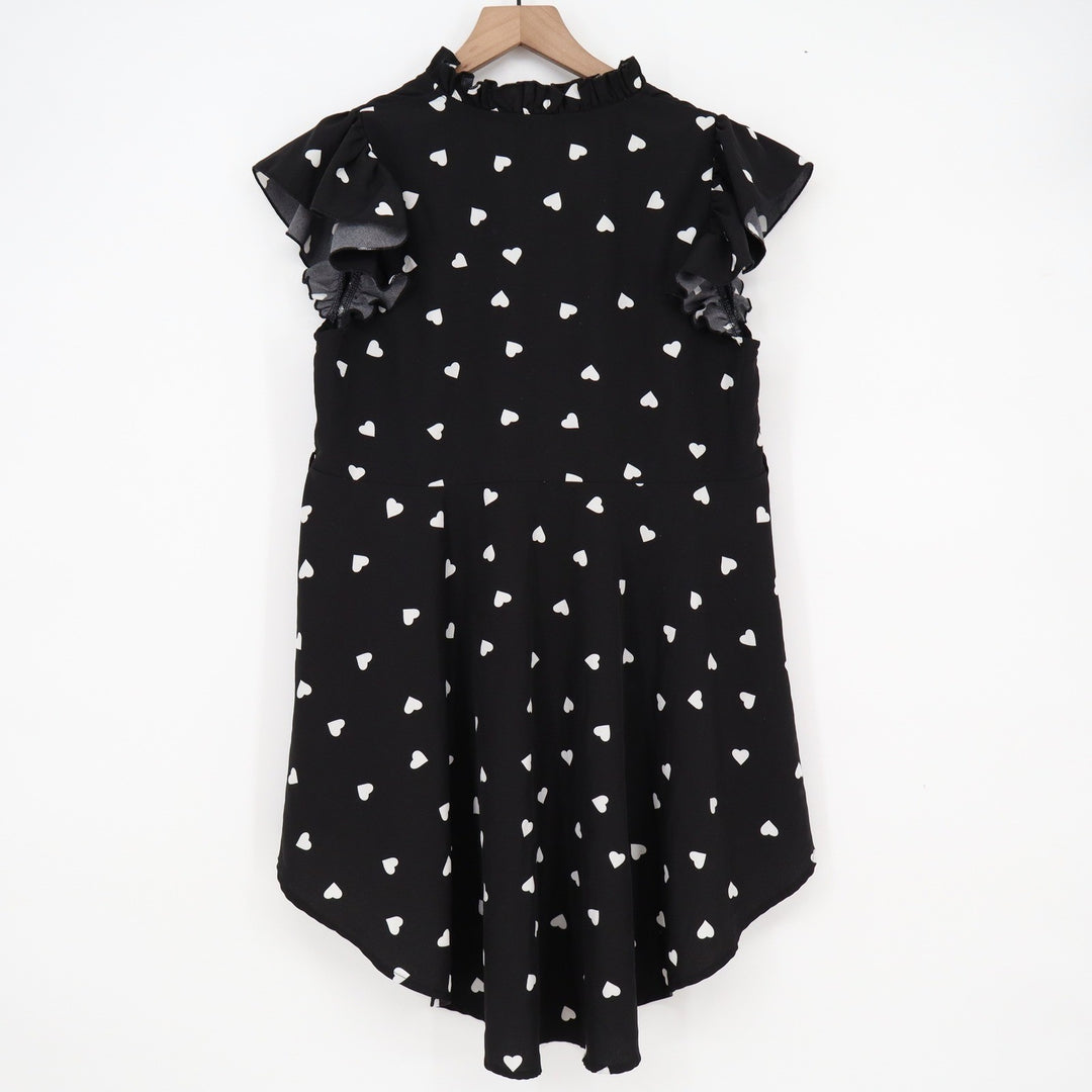 SHEIN Teen Black Heart Print High Low Button Front Ruffle Flutter Sleeve Top 16Y