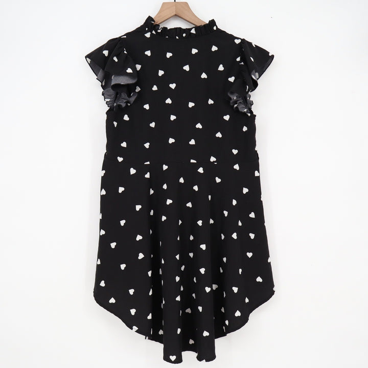 SHEIN Teen Black Heart Print High Low Button Front Ruffle Flutter Sleeve Top 16Y