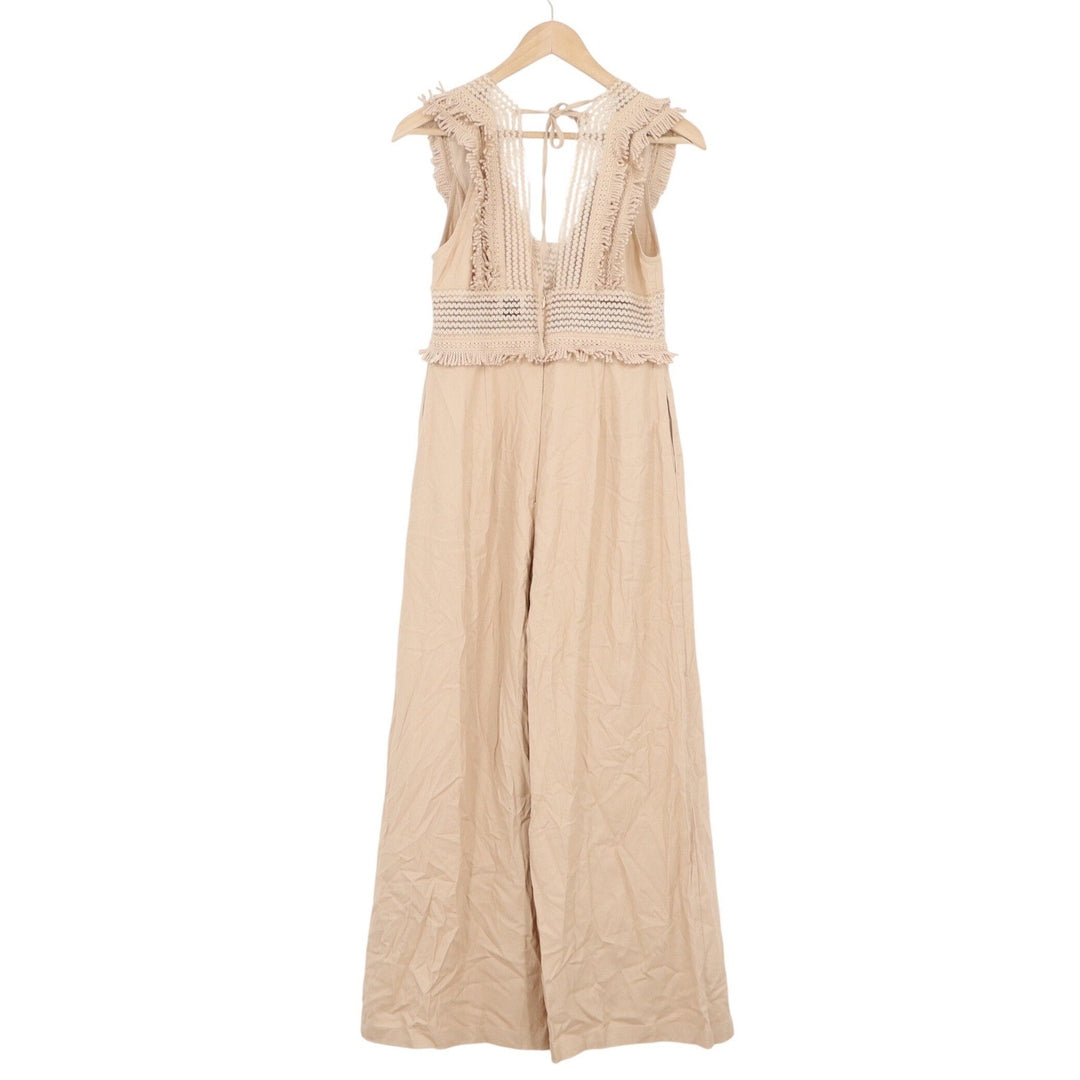 Adalia Tan Crochet Fringe Wide Leg Jumpsuit Boho Festival V-Neck Open Back