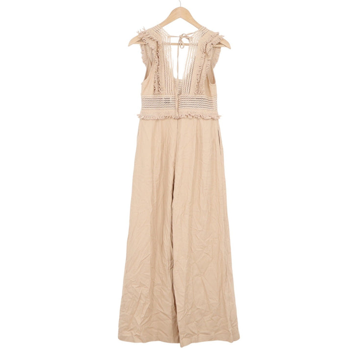 Adalia Tan Crochet Fringe Wide Leg Jumpsuit Boho Festival V-Neck Open Back
