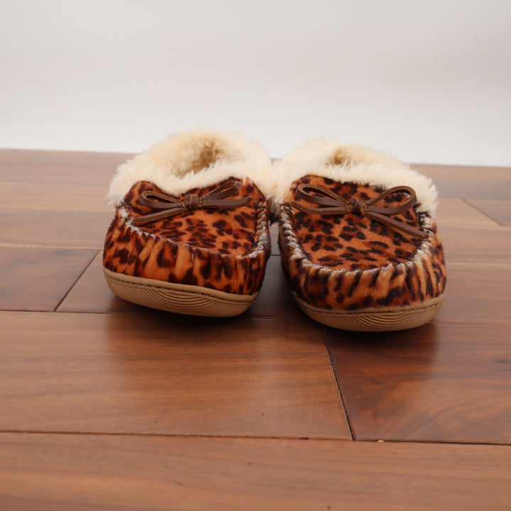 J.Crew Womens Leopard Print Faux Fur Lined Moccasin Slippers Brown Size 8