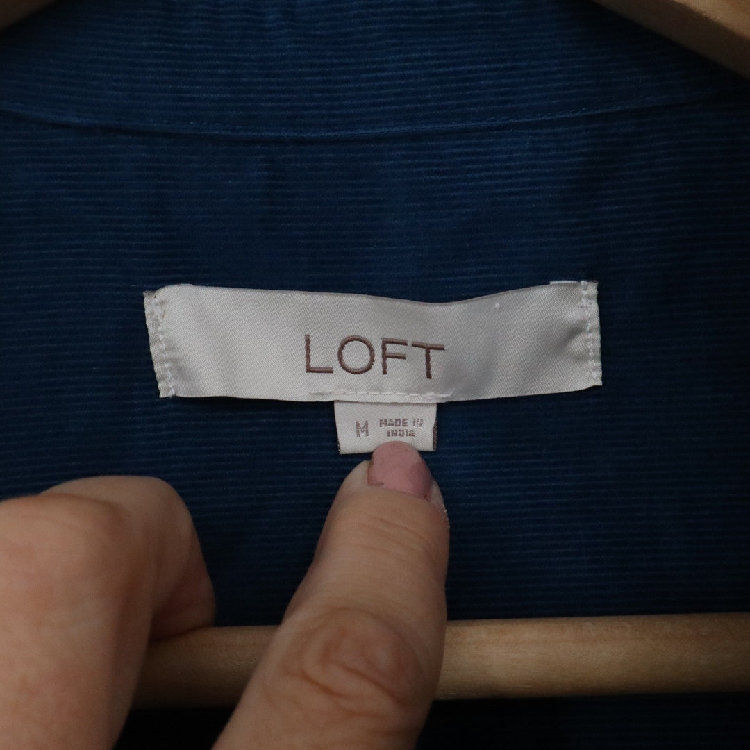 LOFT Women's Medium Teal Blue Corduroy Button Down Shirt Long Sleeve Cotton