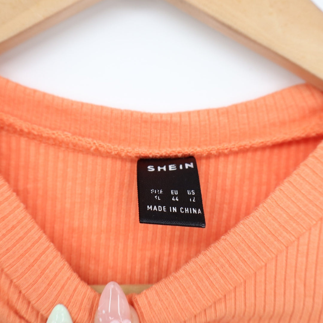 Shein Crop Top Womens XL Orange Stretch Knit Ribbed Crew Neck Sleeveless Tie Hem