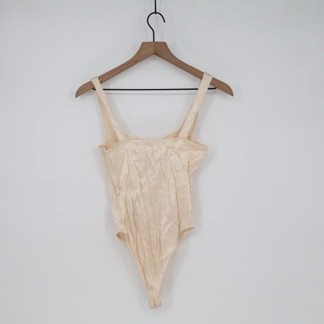 Zara Bodysuit Womens Small Cream Satin Stretch Underwire Side Zip Wide Strap
