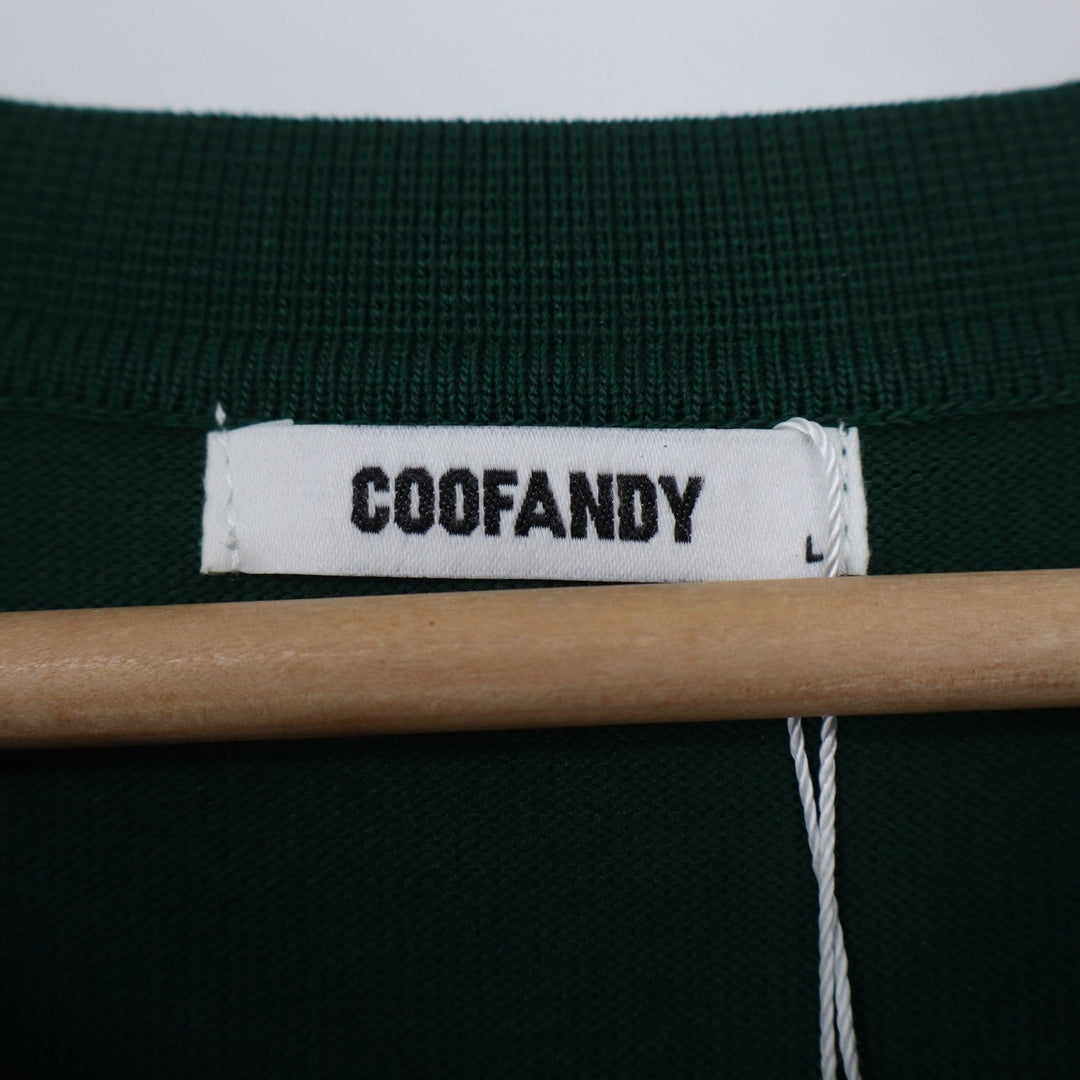 COOFANDY Mens Green Knit Polo Shirt Vertical Stripe Retro Short Sleeve Large NEW