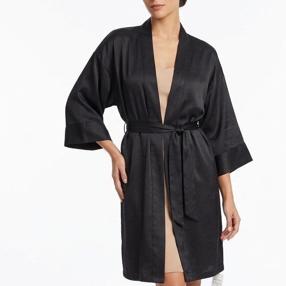 Linea Donatella Short Satin Robe Women L/XL Black 3/4 Sleeve Tie Waist Sleepwear
