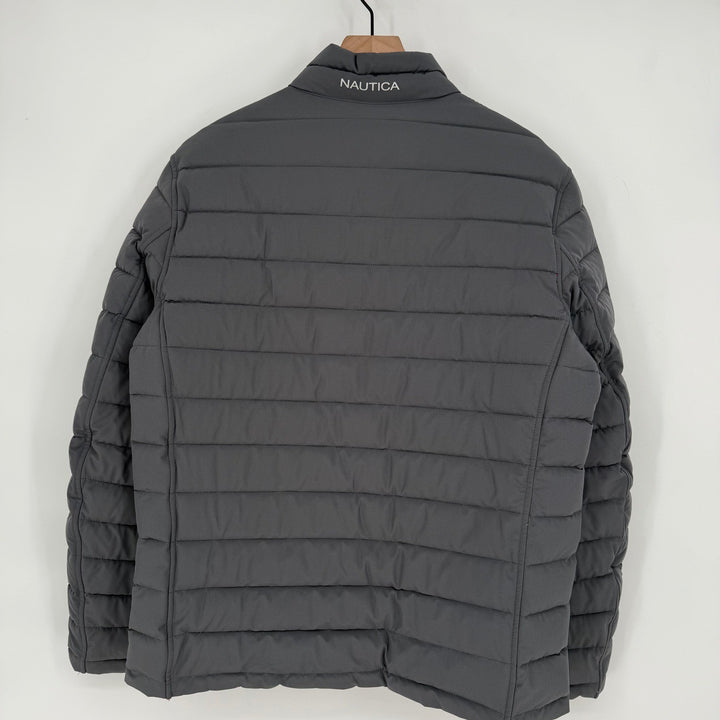 Nautica Puffer Jacket Gray Red Lined Full Zip Lightweight Mens Size L
