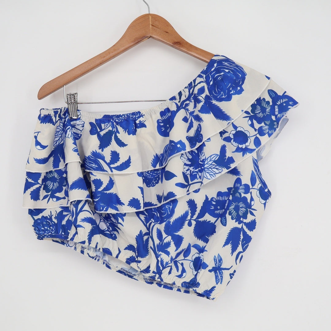 Blue White Floral One Shoulder Ruffle Crop Top Tiered Asymmetric Summer Blouse