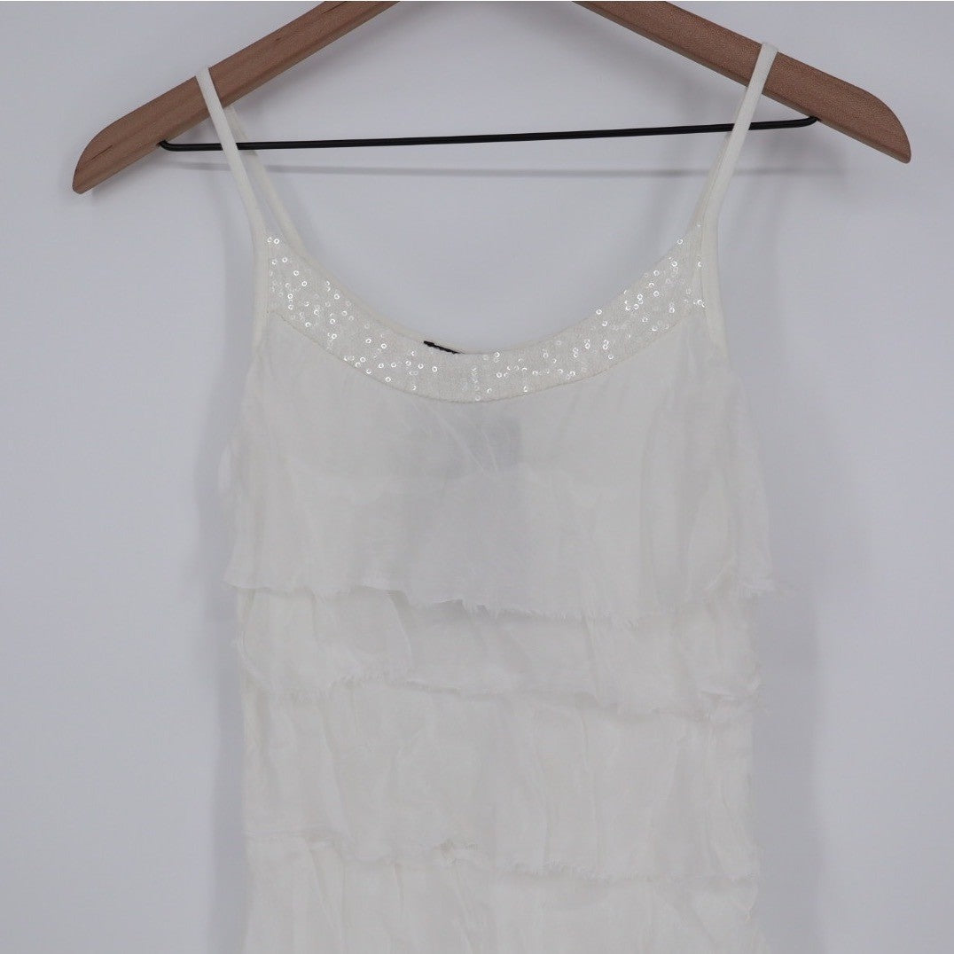 NT By Amari White Sequin Embellished Tiered Ruffle Tank Top Silk Blend Size S