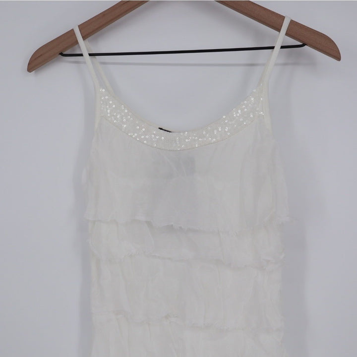 NT By Amari White Sequin Embellished Tiered Ruffle Tank Top Silk Blend Size S