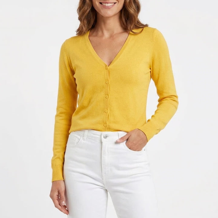 Encuentro Stock Womens Yellow V-Neck Button Front Long Sleeve Cardigan Size S