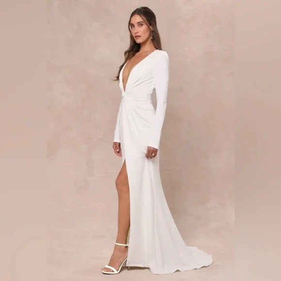 Lulus Stunning Romance White Long Sleeve Mermaid Maxi Dress Size S
