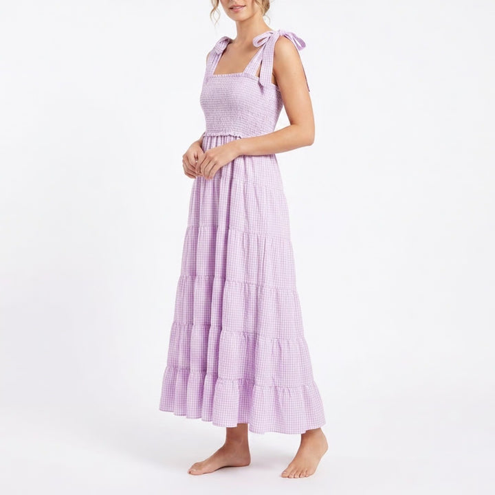 Purple Gingham Smocked Tiered Maxi Dress Tie Straps Lilac Checkered Large
