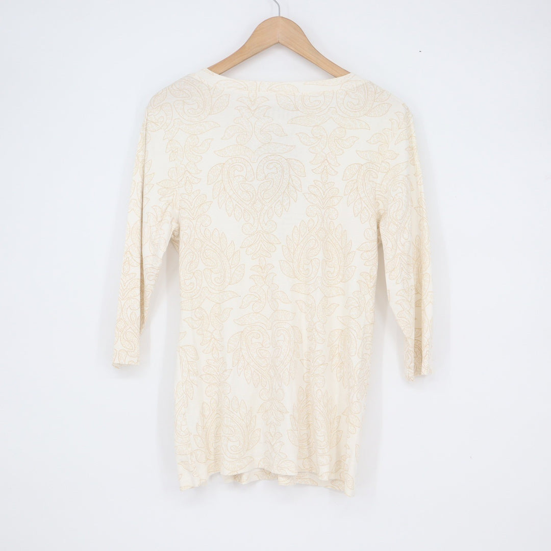 Olima Womens XL Cream Tan Paisley Damask V-Neck 3/4 Sleeve Cotton Top USA Made