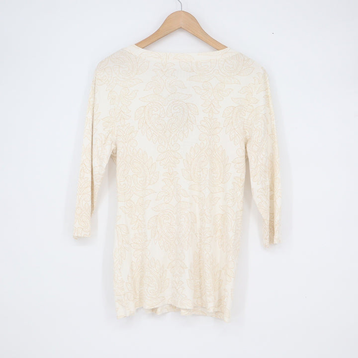 Olima Womens XL Cream Tan Paisley Damask V-Neck 3/4 Sleeve Cotton Top USA Made
