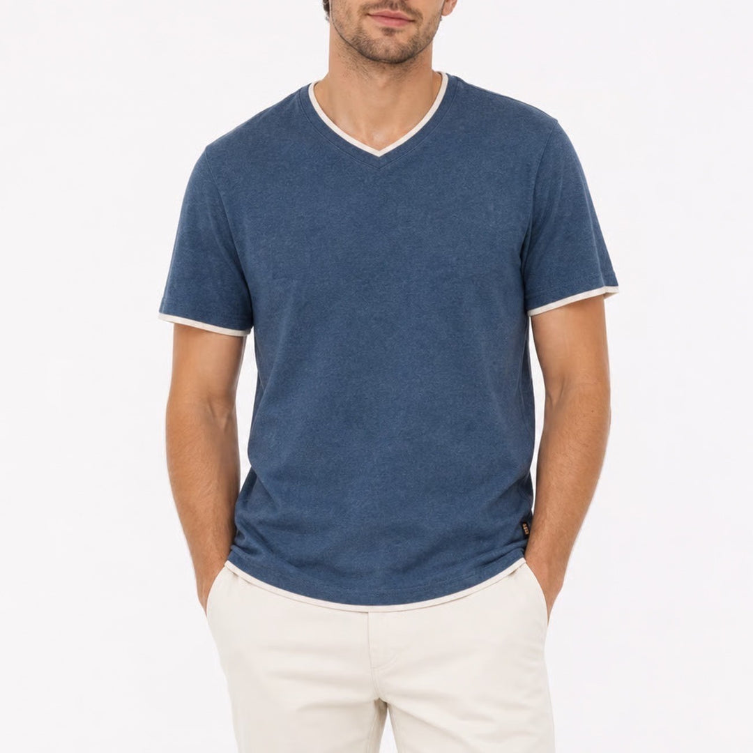 Lee Mens V-Neck T-Shirt Small Regular Fit Heather Blue Cream Contrast Trim