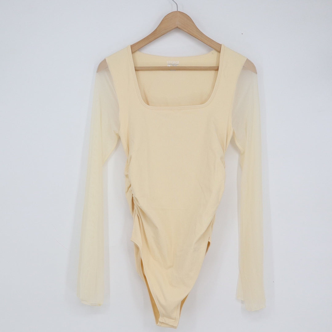 OQQ Women's Square Neck Ruched Bodysuit Sheer Long Sleeve Pale Yellow Size L