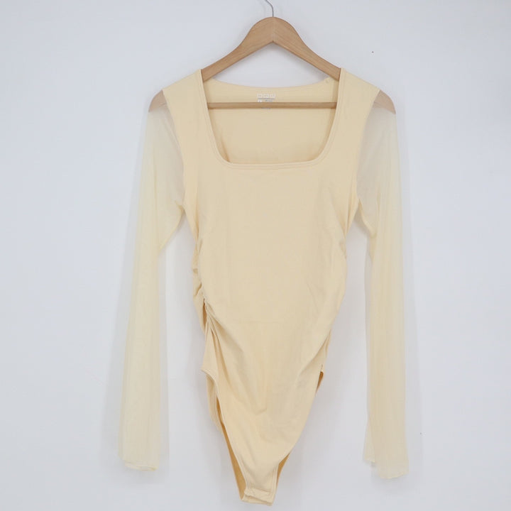 OQQ Women's Square Neck Ruched Bodysuit Sheer Long Sleeve Pale Yellow Size L