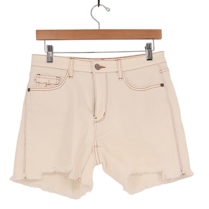 Judy Blue Los Angeles Shorts Womens M White Denim Rainbow Stitching Frayed Hem