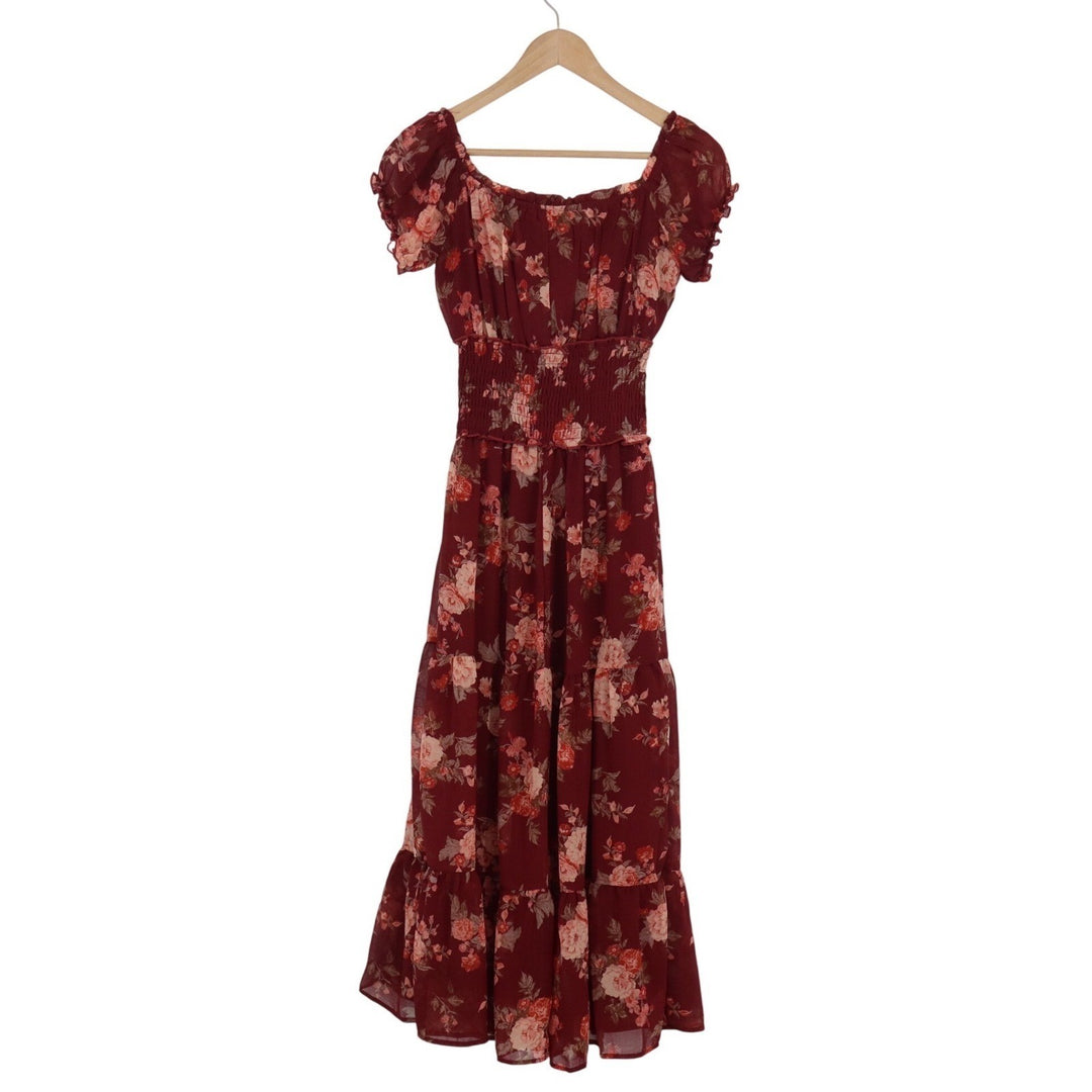 Trixxi Burgundy Floral Maxi Dress XS Smocked Waist Tiered Ruffle