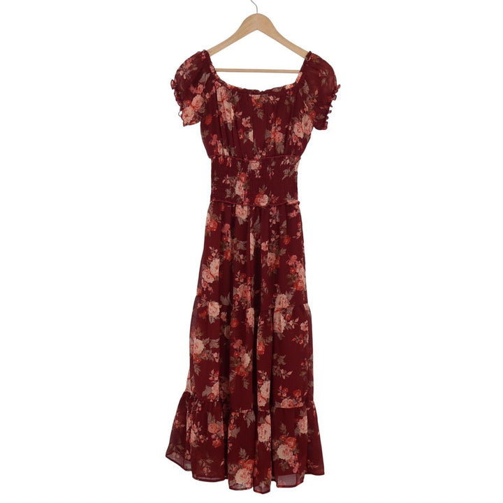 Trixxi Burgundy Floral Maxi Dress XS Smocked Waist Tiered Ruffle