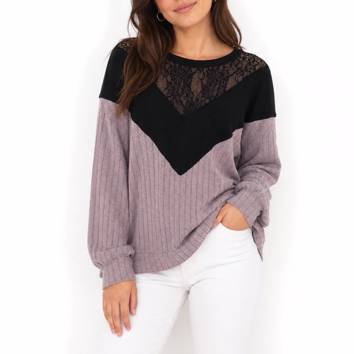 Shein Curve 3XL Mauve Purple Ribbed Knit Lace Yoke Colorblock Long Sleeve Top