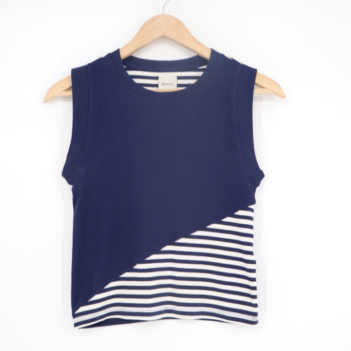 Maeve Muscle Tank Top Womens XS Blue White Striped Cotton Stretch Rib Crew Neck