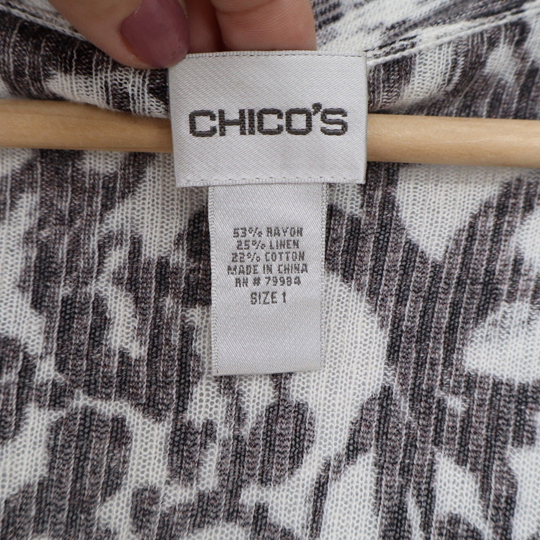 Chicos Black White Abstract Floral Linen Blend Open Front Cardigan Size 1 M