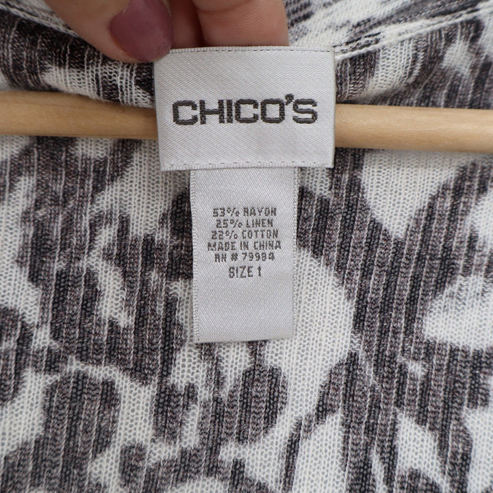 Chicos Black White Abstract Floral Linen Blend Open Front Cardigan Size 1 M