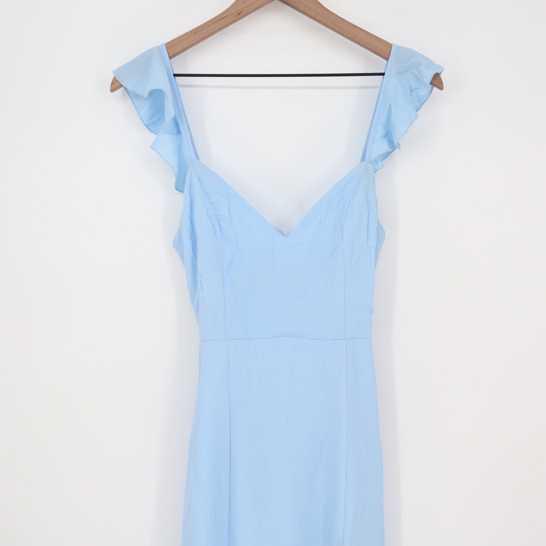 Showpo More Than This Midi Dress Light Blue Ruffle Strap Thigh Split US 0