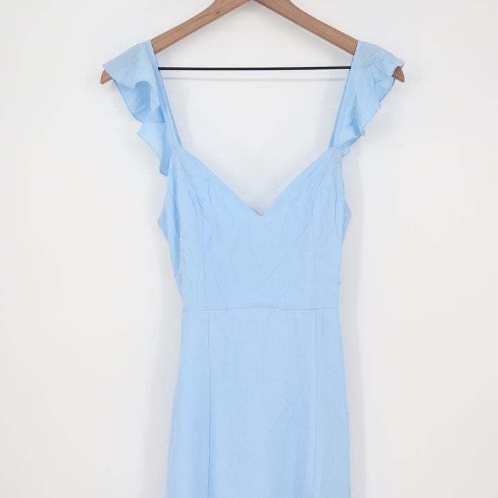 Showpo More Than This Midi Dress Light Blue Ruffle Strap Thigh Split US 0