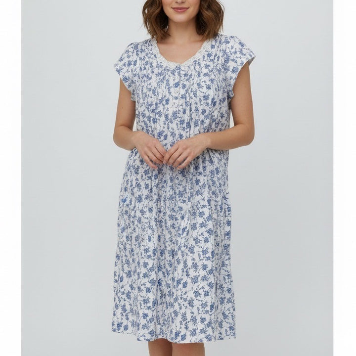 Miss Elaine Womens Blue Floral Nightgown Short Sleeve Button Neck Size S