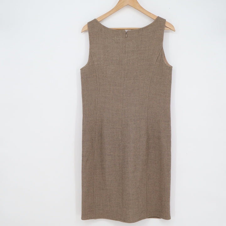 Oscar de la Renta Brown Wool Sleeveless Sheath Dress Size 10 Textured Boat Neck